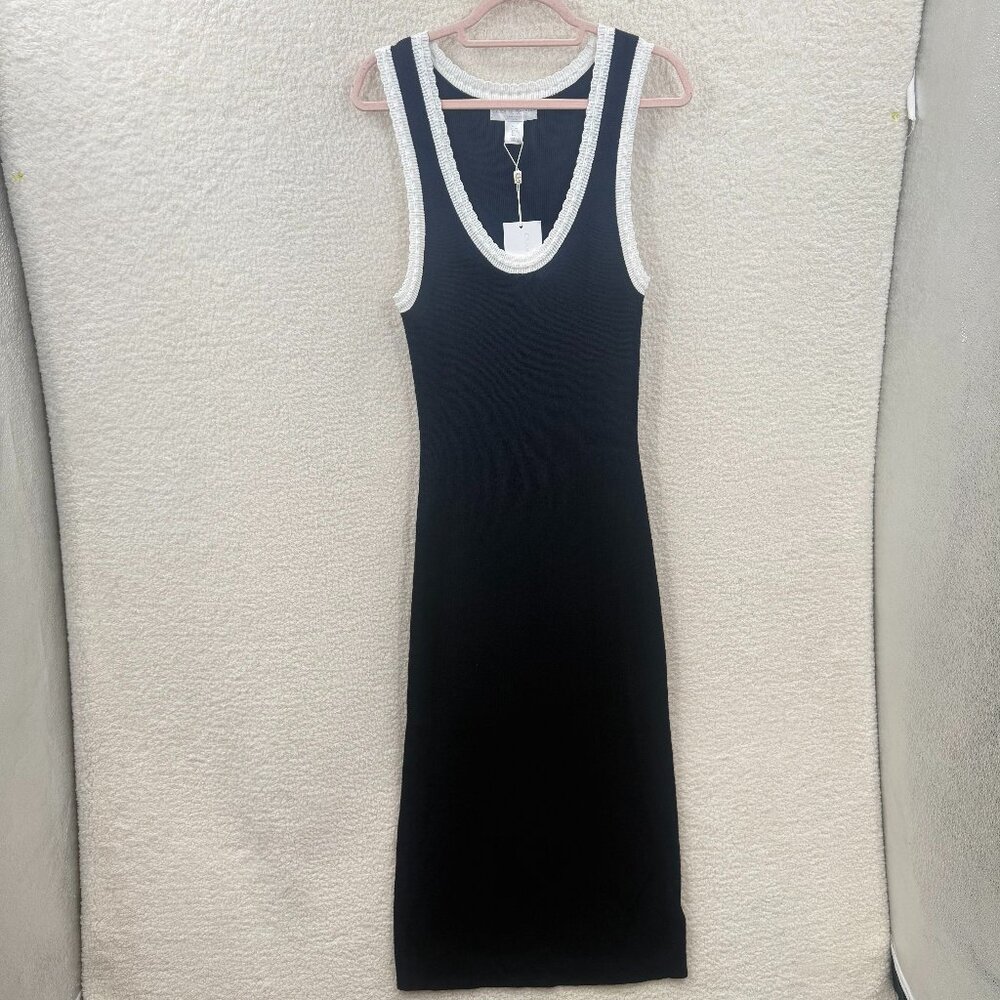 CAROLINE CONSTAS Knit Stretch long Dress Navy blue Ribbed sleeveless Size S NWT